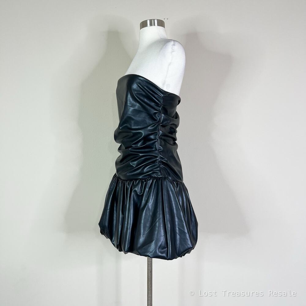 AKIRA | Black Faux Leather Bubble Hem Fitted Drop Waist Strapless Mini Dress XL - Picture 9 of 11